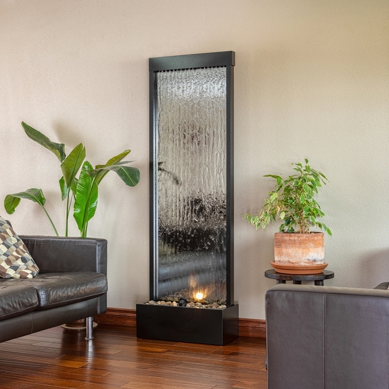 Floor Water Fountain with Vertical Cascade and River Stone Base