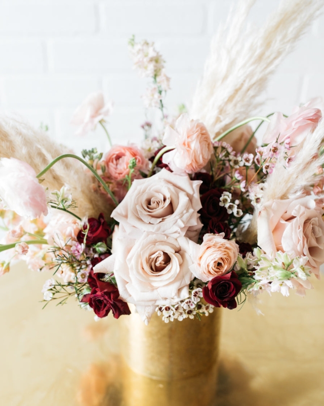 Floral Arrangement: Boho Pampas Grass and Burgundy in Gold Cylinder Vase