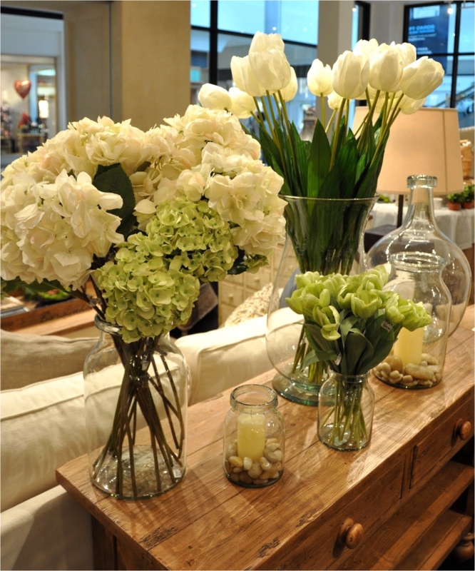 Floral Arrangement for Rustic Wooden Entry Table with Mixed Glass Vases