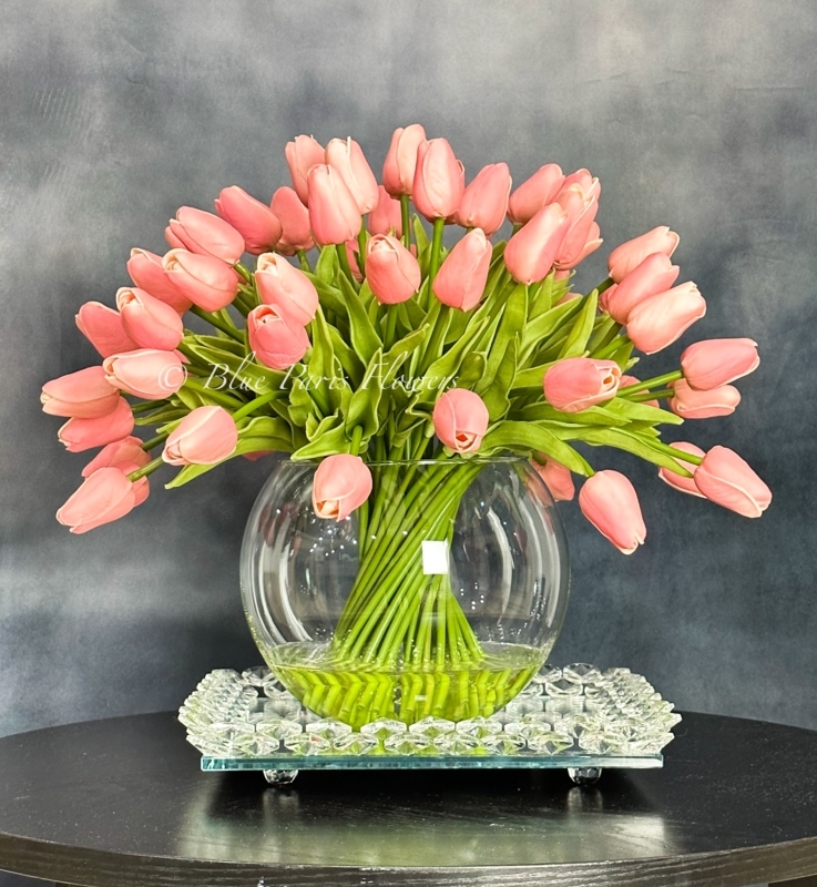 Floral Arrangement: Salmon Pink Tulips in Round Glass Fishbowl Container