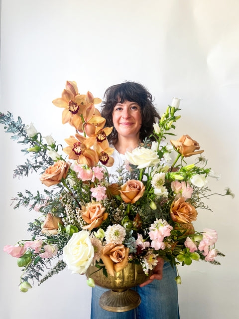 Floral Arrangement: Terracotta Cymbidium Orchids in Antique Brass Vase