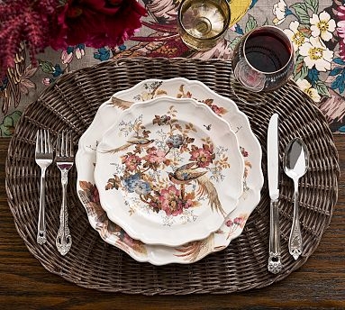 Floral Bird Dinnerware Set with Ornate Handles & Scalloped Rim