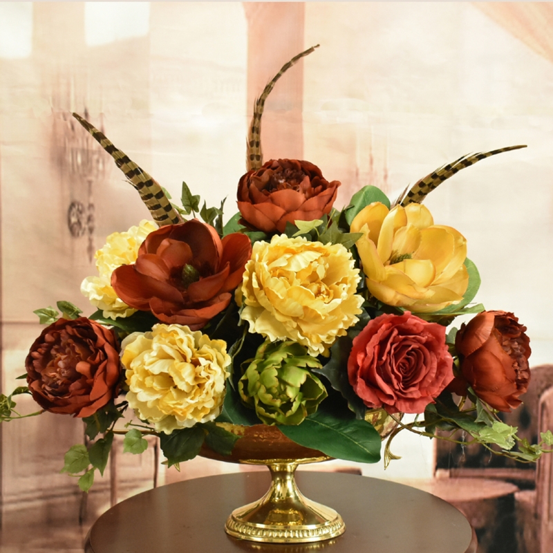 Floral Centerpiece: Horizontal Pheasant Tail Feathers in Gold Bowl