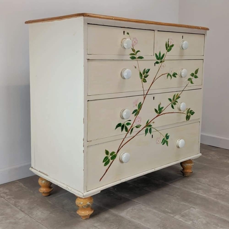 Floral chest of drawers - hand painted cream drawer unit  KONTRAST