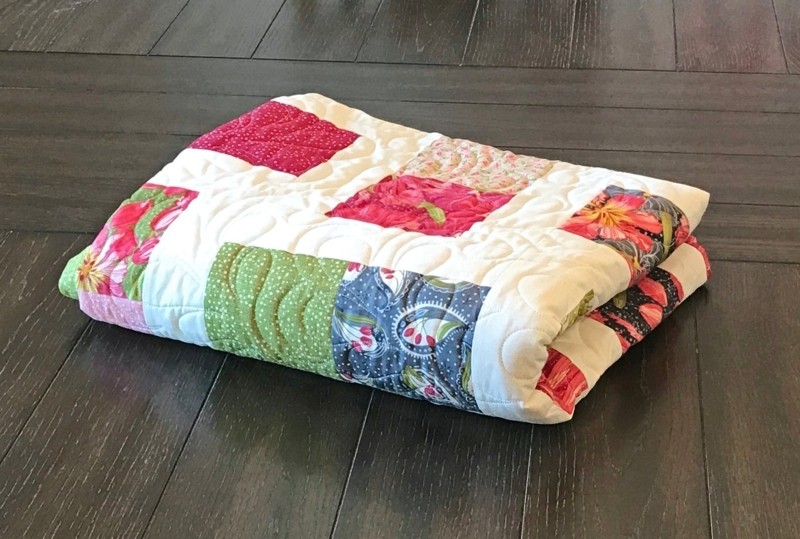Floral Patchwork Quilt Rose Pink Moss Green Wavy Stitching Eclectic