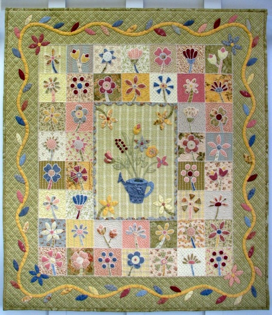 Floral Quilt Applique Embroidered Watering Can Motif Folk Art