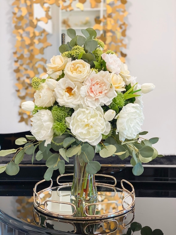 Flower Arrangement: Real Touch Peonies on Mirrored Tray Display