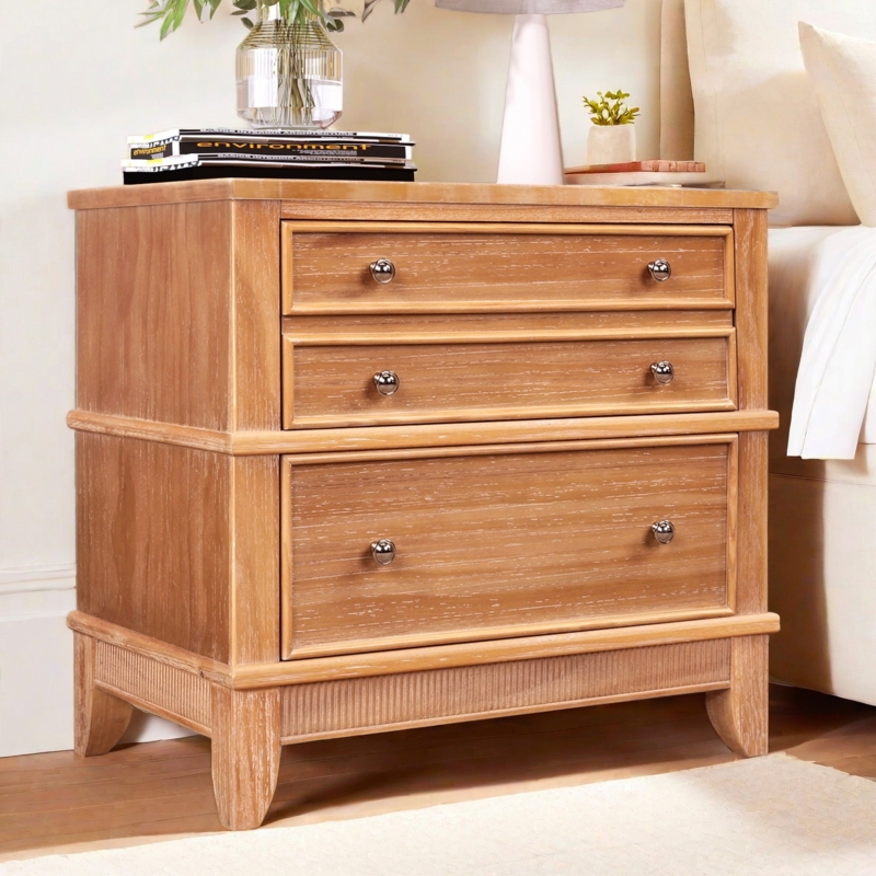 Fluted Apron Nightstand: Weathered Wood Side Table with Silver Knobs