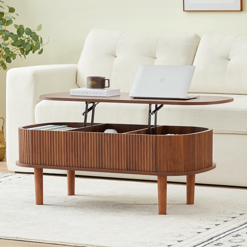 Fluted Lift Top Coffee Table with Oval Shape and Hidden Storage