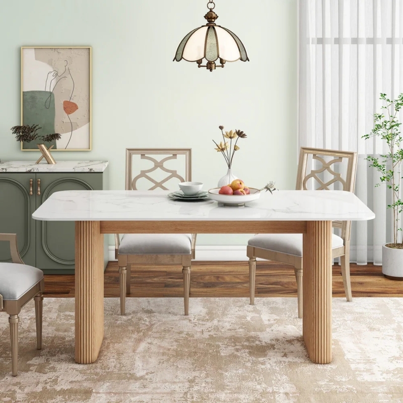 Fluted Pedestal Dining Table Rectangular in Light Oak Tone