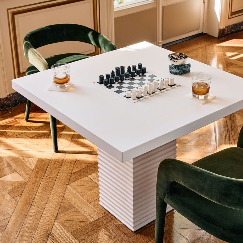Fluted Pedestal Game Table in White Resin with Green Velvet Chairs