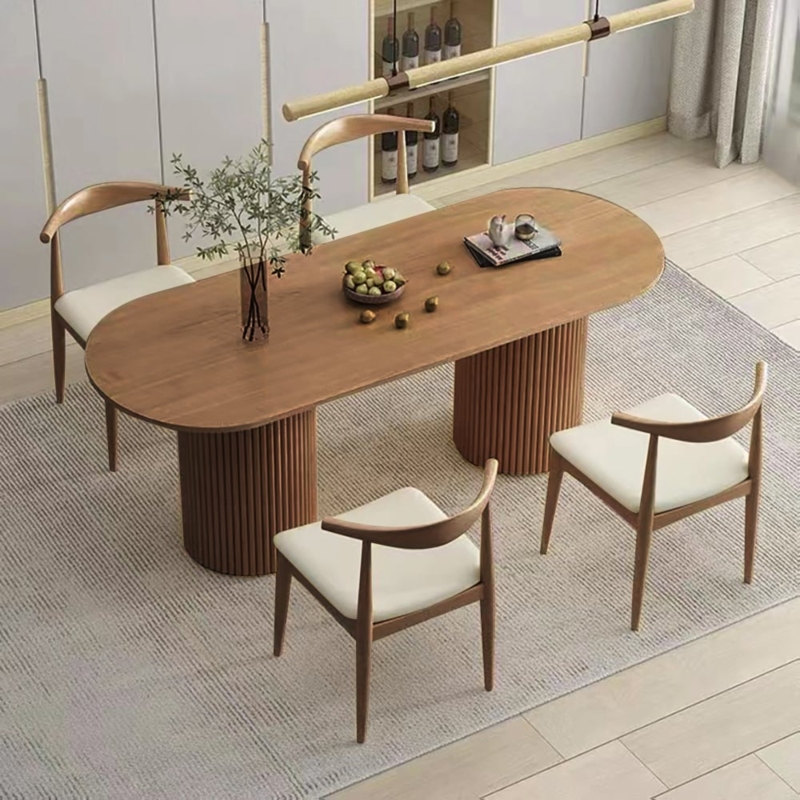 Fluted Pedestal Walnut Dining Set with Curved Elbow Chairs