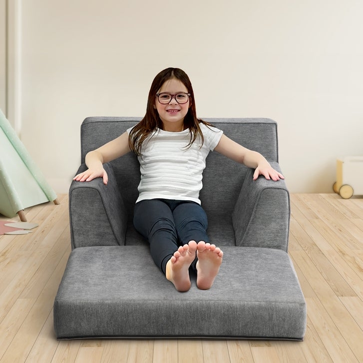 Fold-Out Kids Lounger Chair Heather Gray with Piped Edges