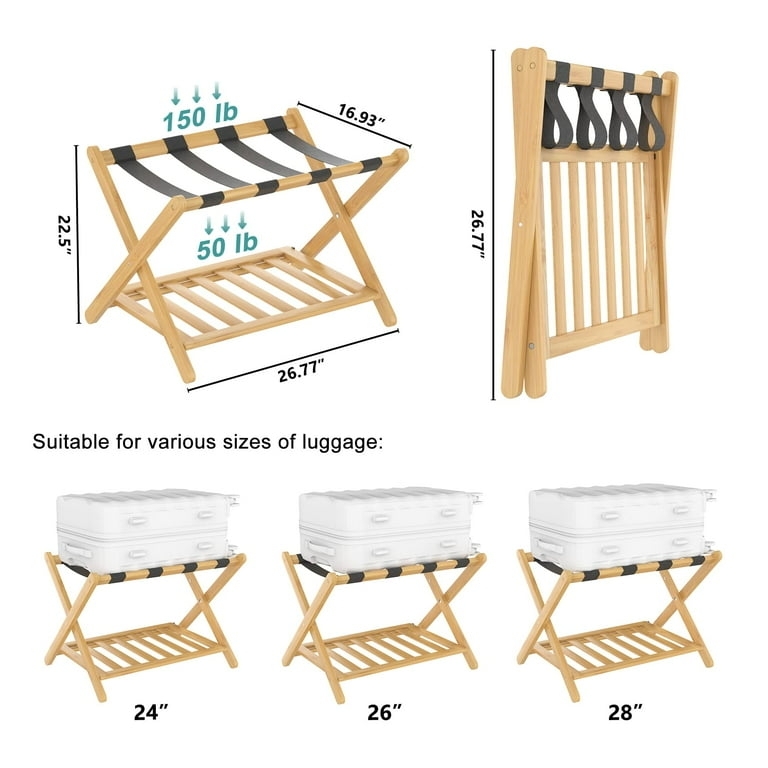 Foldable Bamboo Luggage Rack with Slatted Bottom Shelf