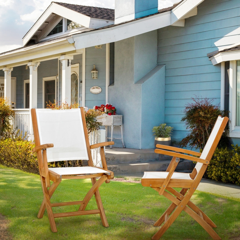 Folding Arm Chair White Sling Coastal Patio Set