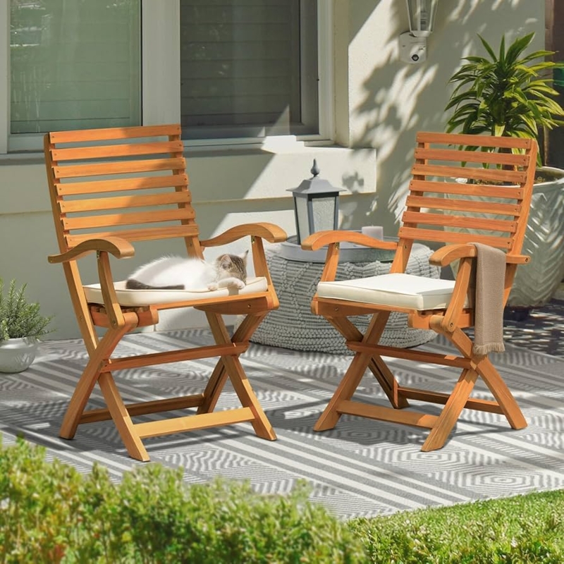 Folding Armchair Acacia Slatted Back with Cushions