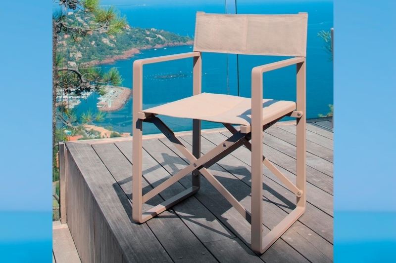 Folding Armchair Beige Mesh Sling Metal Frame Modern