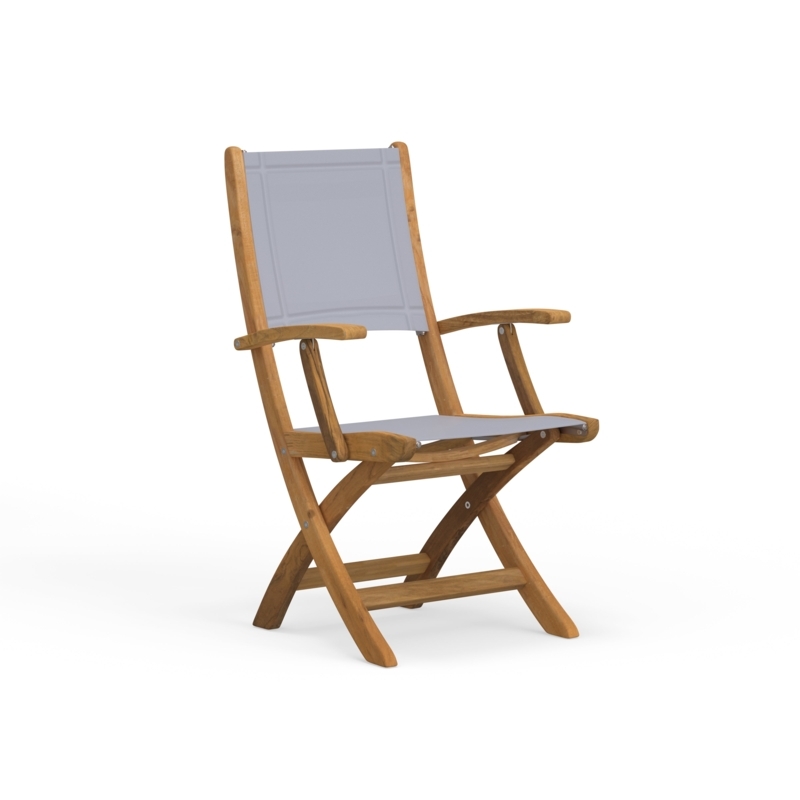 Folding Armchair Gray Sling Teak Wood Coastal Modern