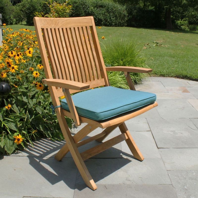 Folding Armchair Teal Cushion Slatted Back Teak Wood