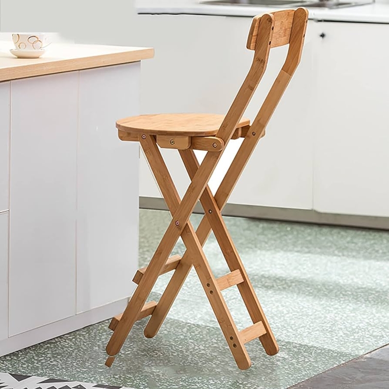 Folding Bamboo Bar Stool Round Seat Natural Finish X-Frame Legs