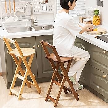 Folding Bar Stool Bamboo Slatted Backrest Circular Seat
