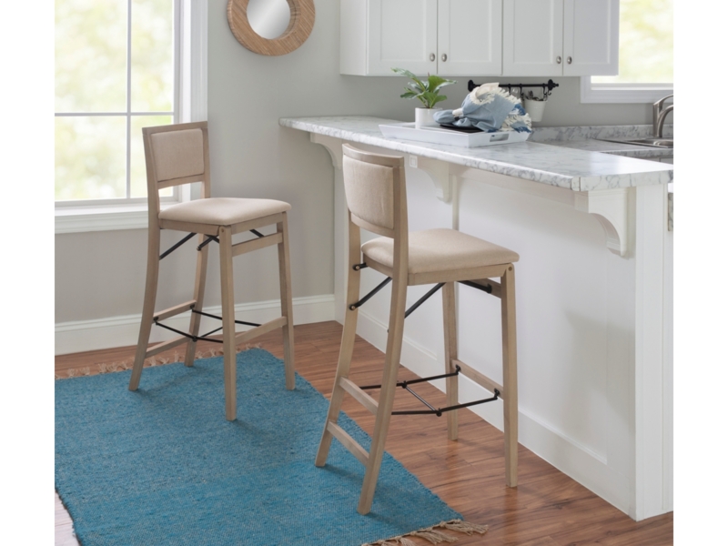 Folding Bar Stool Gray Wash Padded Backrest Upholstered