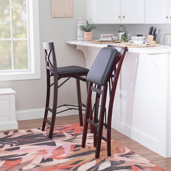 Folding Bar Stool X-Back Design Merlot Wood Toned Padded
