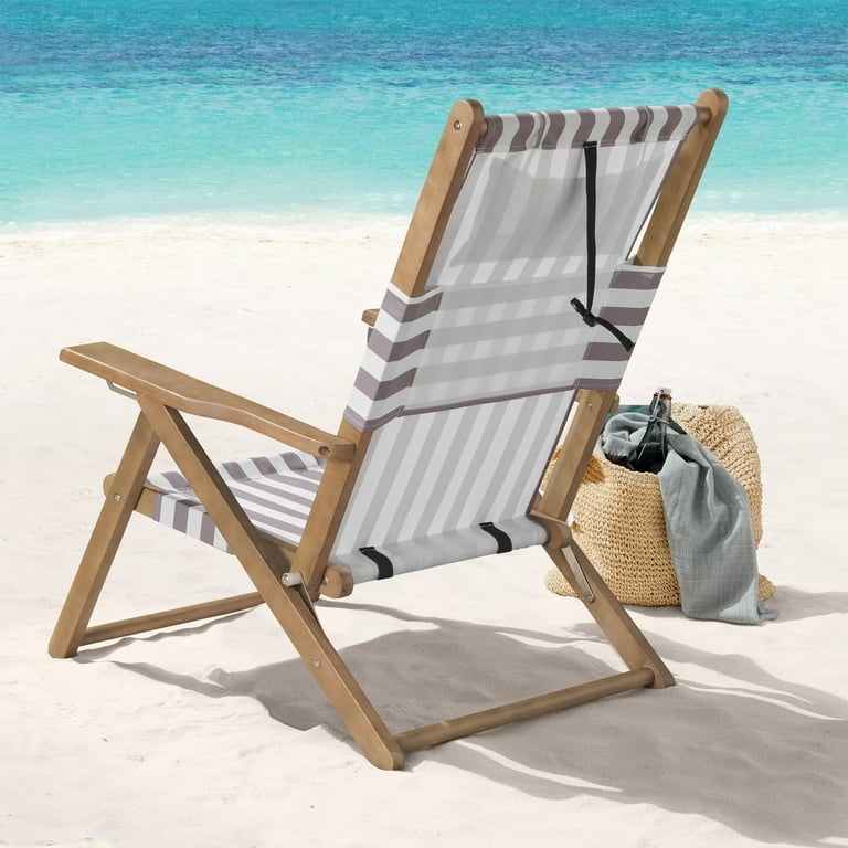 Folding Beach Chair Backpack Straps Taupe Stripes Wood Frame