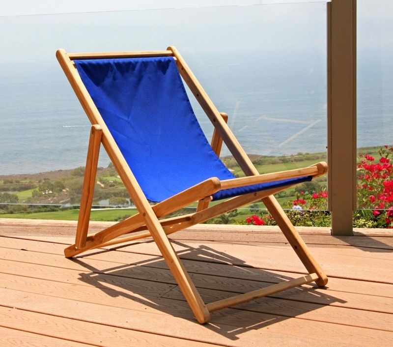Folding Beach Chair Teak Wood Rounded Edges Royal Blue Sling