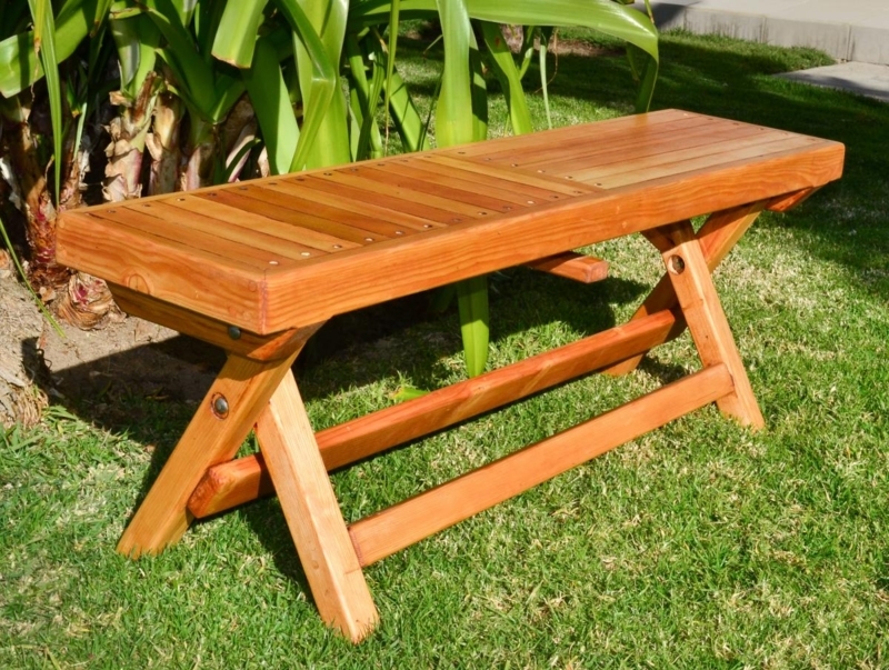 Folding Bench Honey Brown Wood X-Frame Legs Spinning Locks Rustic