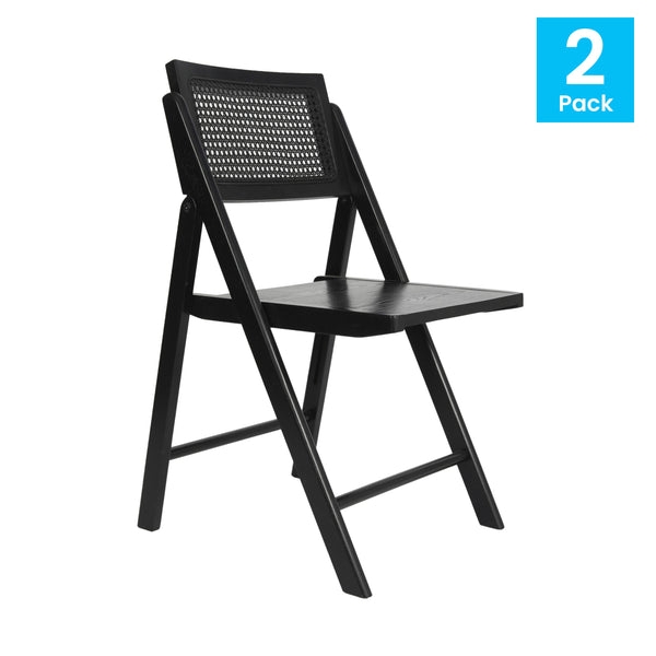 Folding Chair Cane Back and Solid Wood Seat in Matte Black