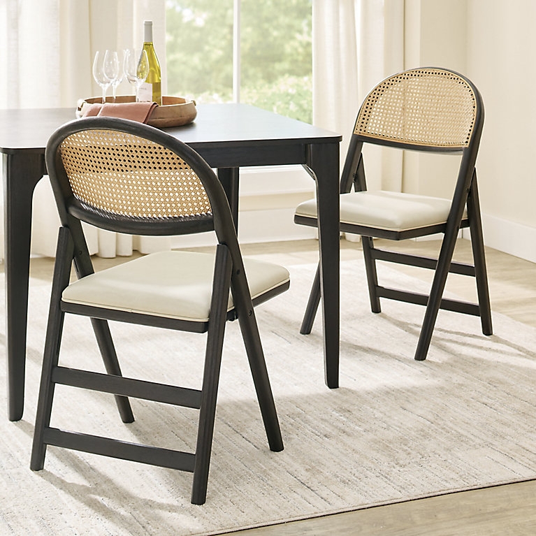 Folding Chair Cane Back Charcoal Wood Cream Upholstered Seat