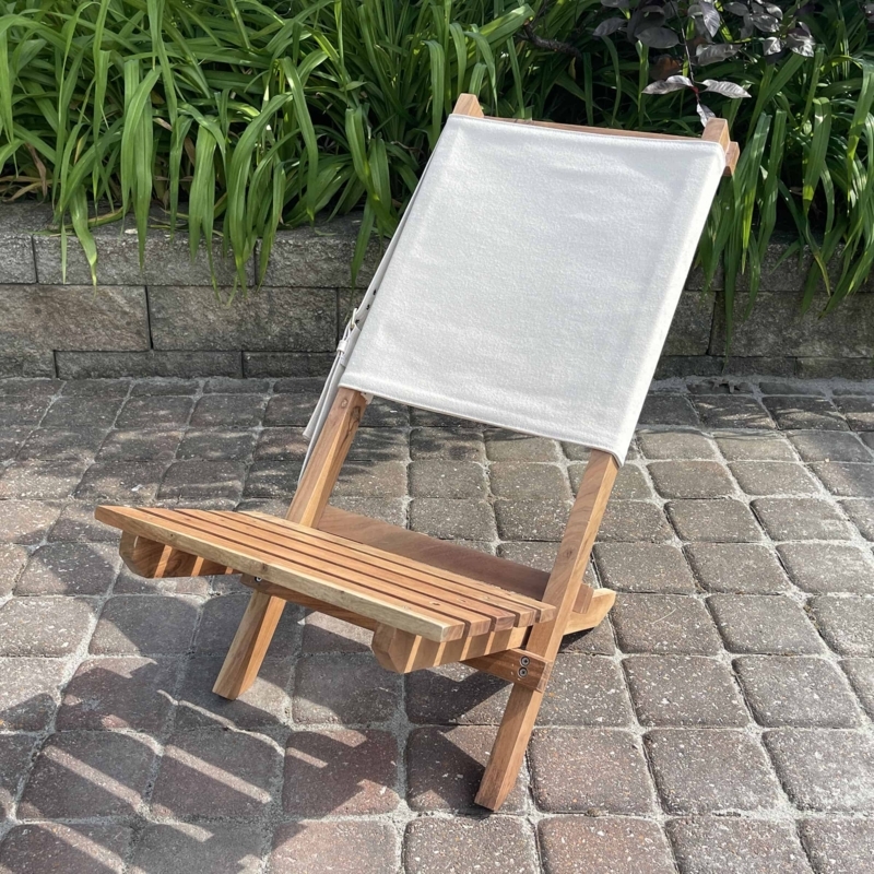 Folding Chair Canvas Backrest Slatted Seat Acacia Wood Low Profile
