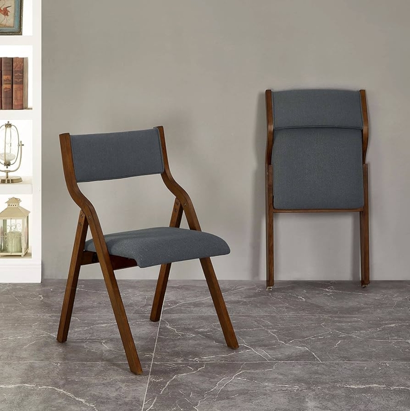 Folding Chair Curved Wood Frame with Dark Grey Upholstery Seat