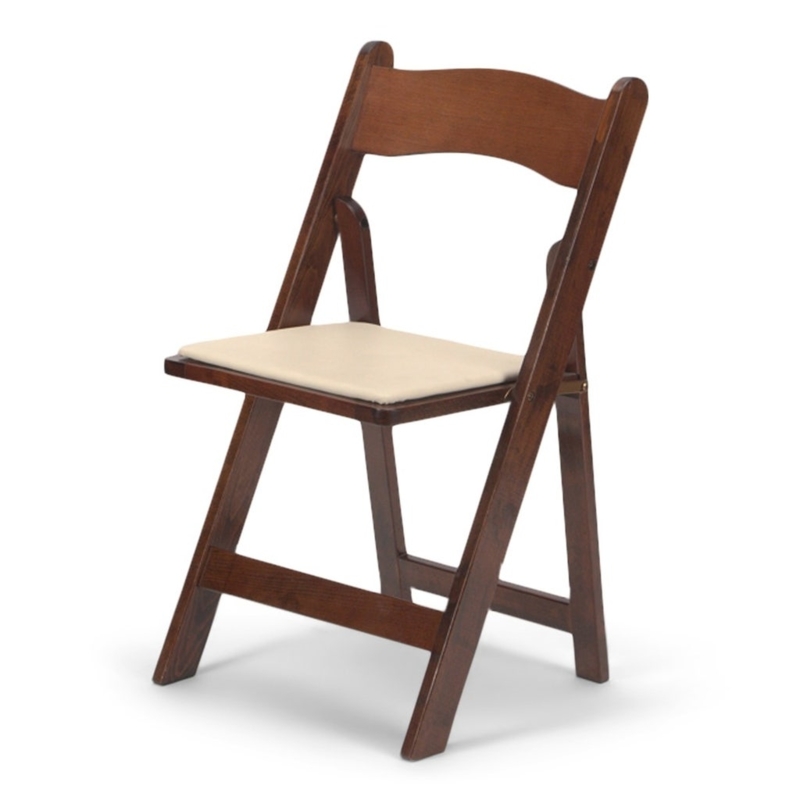 Folding Chair Fruitwood Brown Finish, Ivory Padded Seat, Rustic Chic
