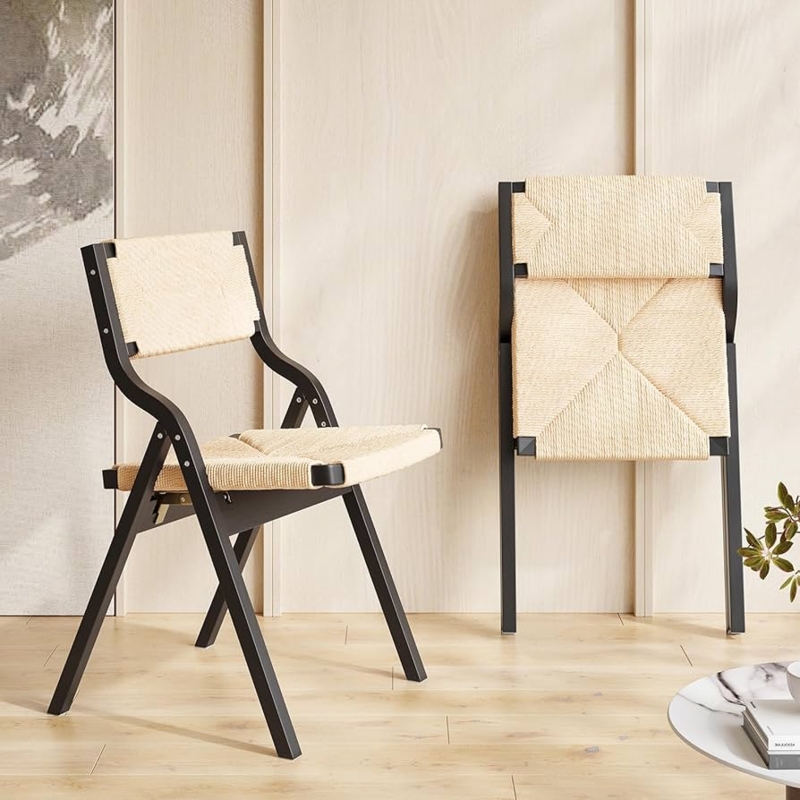 Folding Chair Geometric Woven Seat Matte Black Frame Japandi