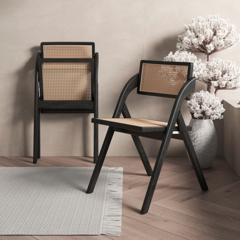 Folding Chair Japandi Style with Splayed Legs and Cane Backrest