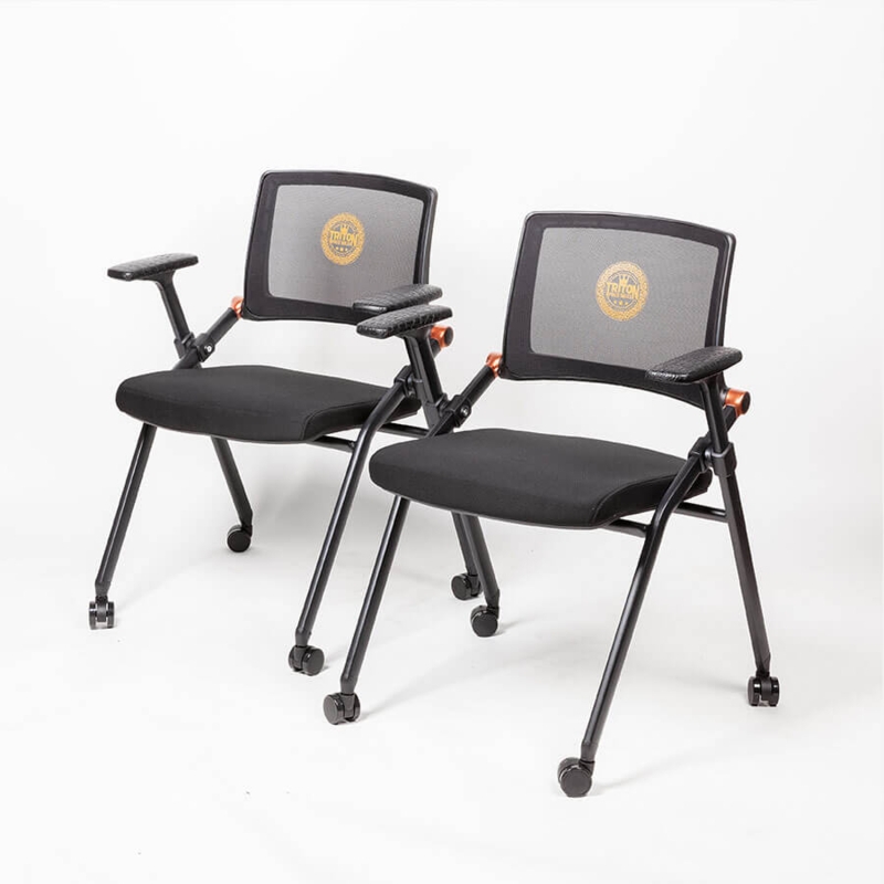 Folding Chair Pair Copper Pivot Accents Mesh Back Emblem Castors