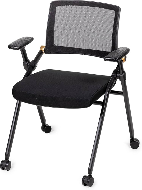 Folding Chair Textured Armrests Gold Tone Hardware Mesh Back