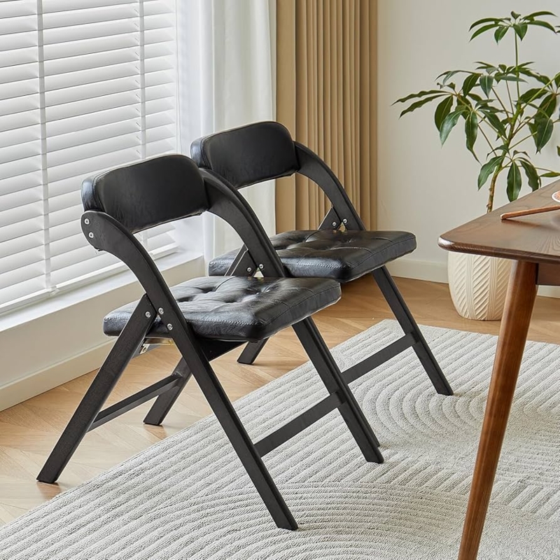 Folding Chair Tufted Seat and Curved Back in Matte Black Finish