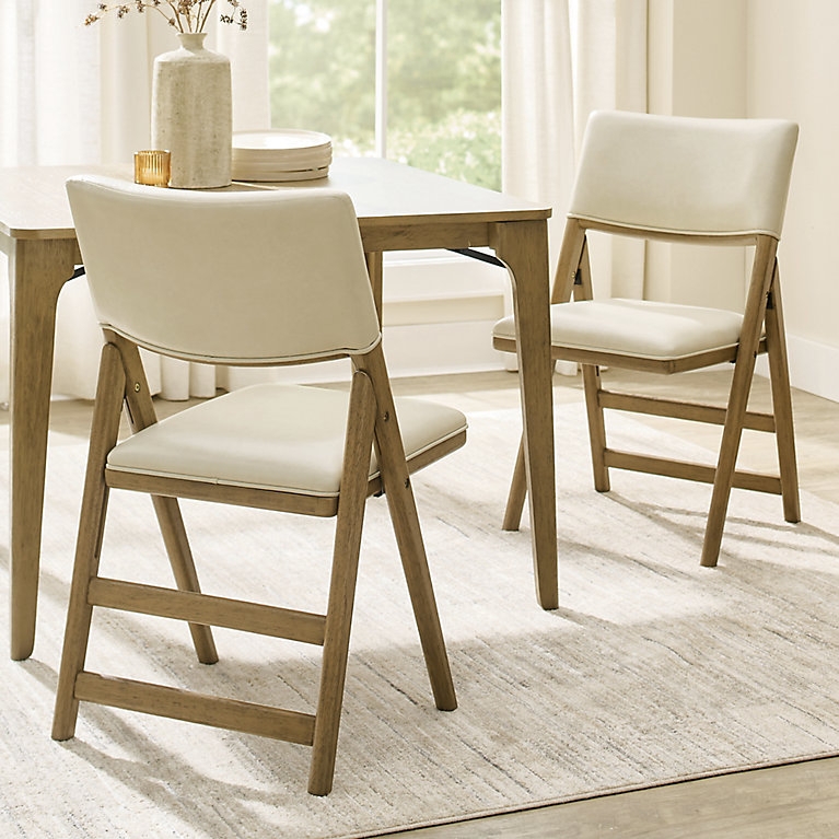 Folding Chair Upholstered Seat Curved Back Wood Frame Mid-Century