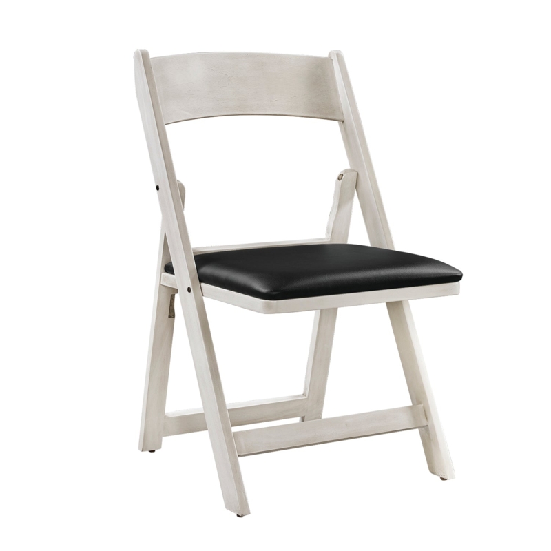 Folding Chair Whitewashed Finish Distressed Wood Black Padded Seat