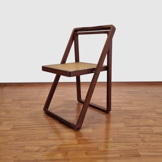 Folding Chair Woven Cane Seat in Geometric Walnut Wood Frame