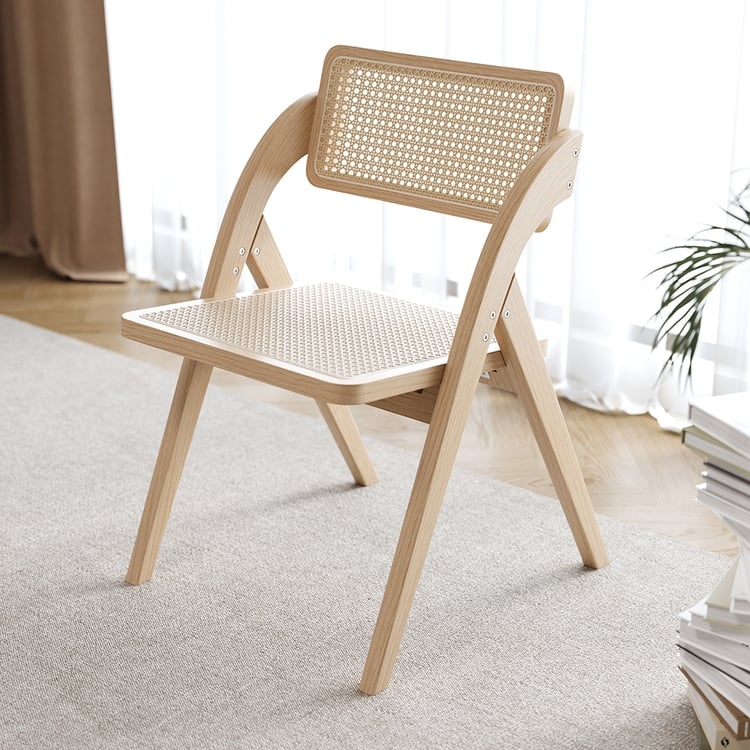 Folding Chair Woven Rattan Back Blonde Oak Splayed Legs Japandi