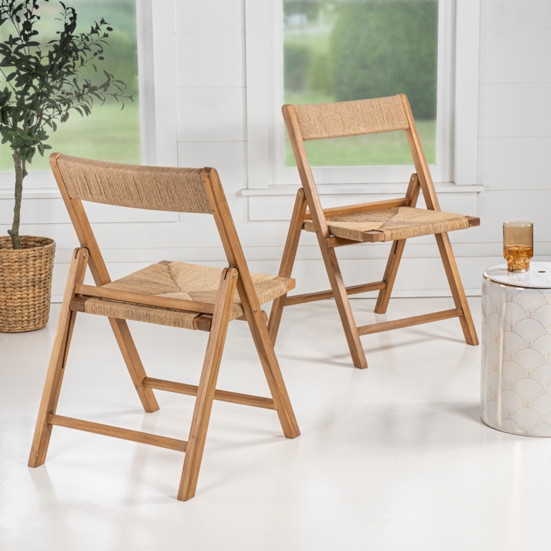 Folding Chair Woven Seagrass Texture on Coastal Wood Frame Base
