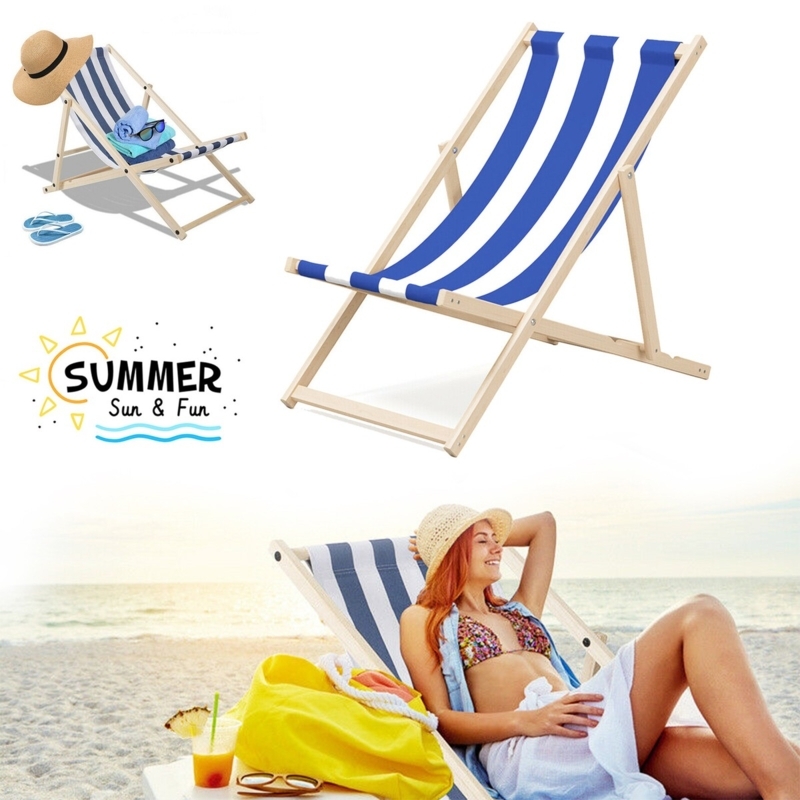 Folding Deck Chair Striped Sling Seat Navy White Wood Adjustable