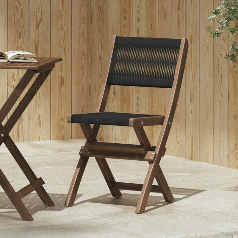 Folding Dining Chair Acacia Wood Black Woven Cord Texture Outdoor