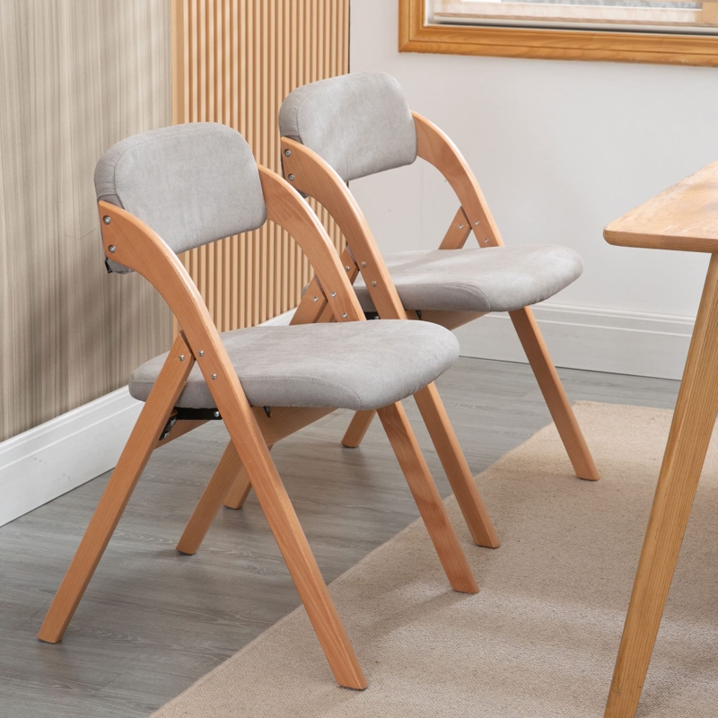 Folding Dining Chair Grey Padded Seat Curved Wooden Frame