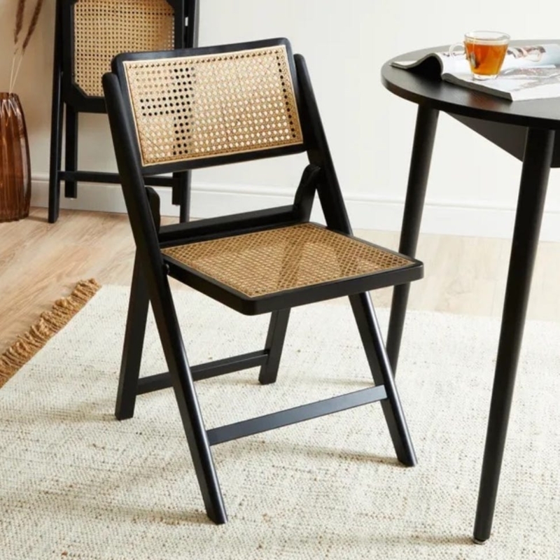 Folding Dining Chair Matte Black Frame Rattan Cane Mesh Back