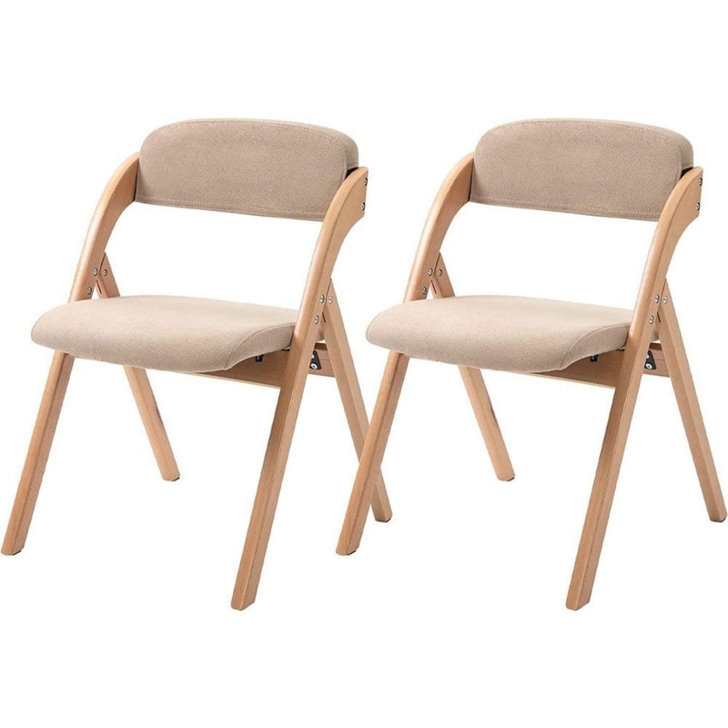Folding Dining Chair Padded Khaki Upholstery and Curved Wood Back